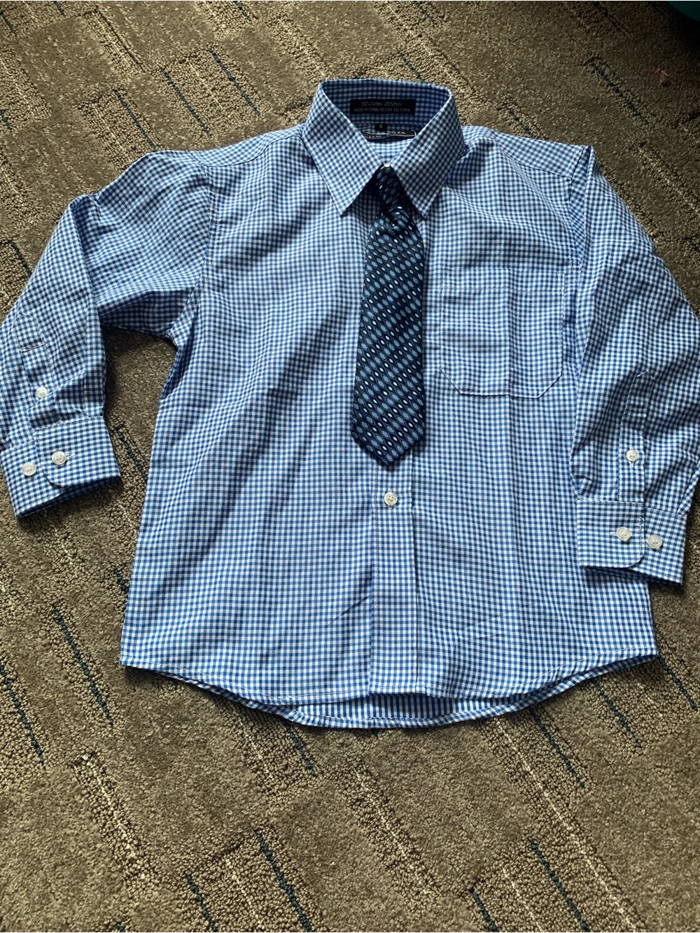 Andrew Fezza Blue Gingham Button-Down Shirt with Navy Tie
